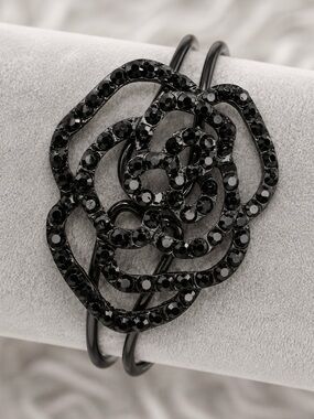 Elegant Black Gunmetal Bling Accent Floral Hinged Bracelet